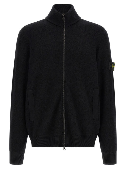 Cardigan by Stone Island for men in virgin wool black features an crisp silhouette, showcasing a sophisticated high-neck neckline and detail for a truly crisp finish.