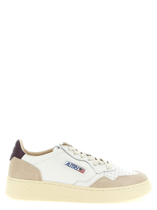 Athletic Sneakers by Autry for men in nylon & cowhide suede leather beige, multicolor, purple, white & signature features an exquisite silhouette, showcasing the premium athletic style of the Men's Athletic Nylon & Cowhide Suede Leather Sneakers with an exquisite finish.