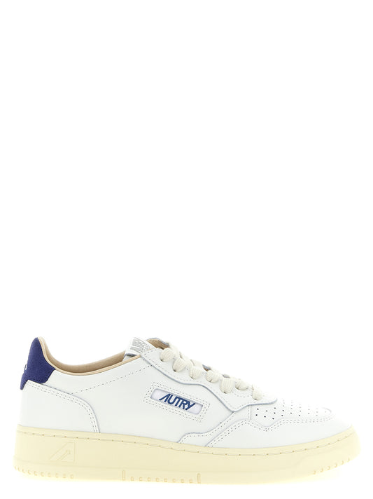 Athletic Sneakers by Autry for men in bos taurus suede cowhide leather cream, dark-blue & white features an exquisite silhouette, showcasing the premium low-top style of the Men's Low Top Bos Taurus Suede Cowhide Leather Athletic Sneakers with an exquisite finish.