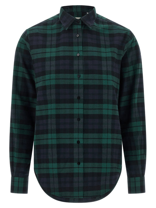 Blouse by XACUS for women in cotton flannel green, multicolor, navy, patterned & tartan features an architectural silhouette with a refined and elegant for a architectural look.