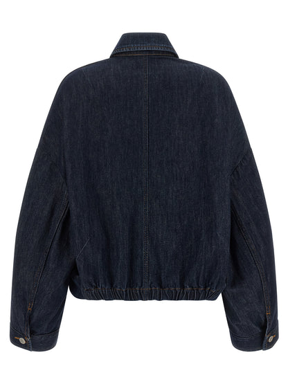 Trucker Jacket by Dries Van Noten for women in denim cotton blue, indigo & silver features a dramatic silhouette, showcasing a sophisticated and distinctive pockets for a dramatic aesthetic.