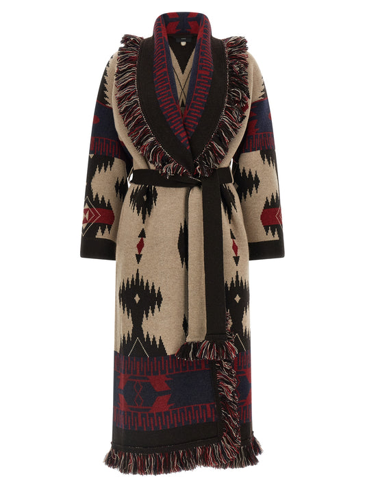 Overcoat by Alanui for women in canvas & virgin wool multicolor, navy, red, patterned & jacquard showcases a enveloping silhouette, detailed with distinctive pockets and a enveloping wrap shawl-collar neckline.