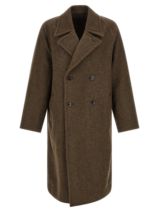 Overcoat by Lemaire for men in alpaca wool brown features an voluminous silhouette, showcasing distinct pockets and a voluminous split lapel neckline for a truly voluminous aesthetic.