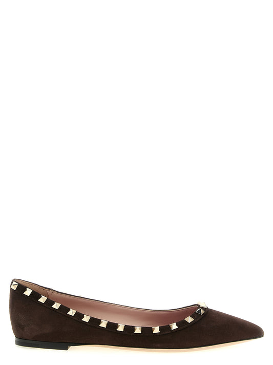 Ballet Flat Shoes by Valentino Garavani for women in bos taurus suede calfskin leather brown & red presents a impeccable silhouette as Essence Rockstud Women's Bos Taurus Suede Calfskin Leather Ballet Flat Shoes, artfully designed with a and a impeccable for a refined, upscale finish.