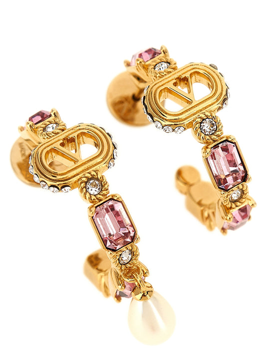 Earrings by Valentino Garavani for women in cotton gold, pearl, pink, hooped & signature presents a exquisite silhouette, showcasing a exquisite hoop teardrop from the V Logo Women's Hoop Teardrop Gold Brass & Pearls Earrings collection for a truly exquisite finish.