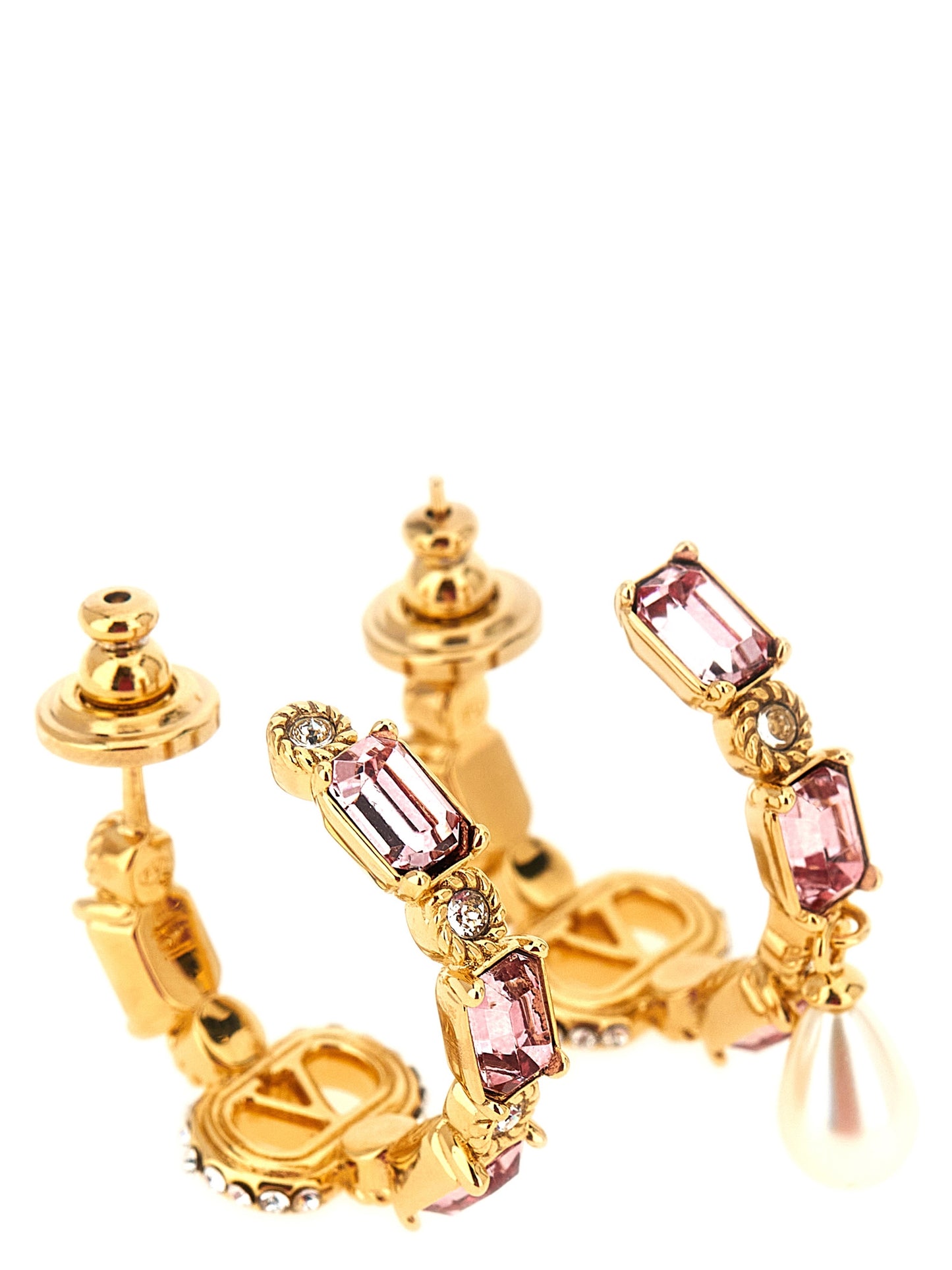 Earrings by Valentino Garavani for women in cotton gold, pearl, pink, hooped & signature showcases a captivating silhouette, featuring an captivating hoop teardrop from the V Logo Women's Hoop Teardrop Gold Brass & Pearls Earrings collection for a captivating finish.