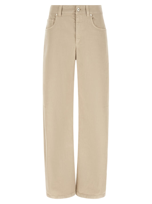 Jeans by Brunello Cucinelli for women in denim cotton canvas beige & brown features a polished silhouette with a polished relaxed-fit & wide, reaching a polished long and finished with a polished .