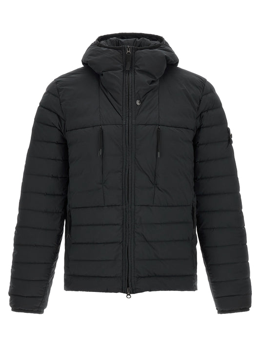 Hooded Puffer Jacket by Stone Island for men in stretch polyamide black showcases a bohemian silhouette, artfully detailed with a bohemian hooded high-neck neckline and signature lightweight, pockets, hooded, insulated & windproof for a truly bohemian finish.