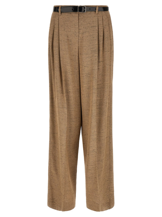 Trousers by Dolce & Gabbana for women in linen polyamide & viscose tweed beige presents a perennial silhouette, meticulously tailored with a wide cut, long finish, and an elegant high rise.