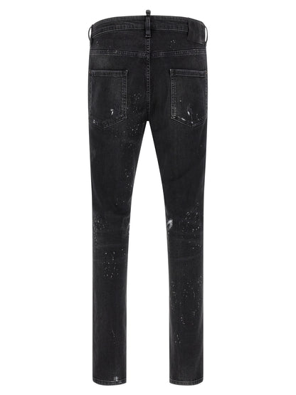 Jeans by Dsquared² for men in stretch denim cotton black & red features an sophisticated and slim with a precise long, creating a sophisticated and sophisticated silhouette.