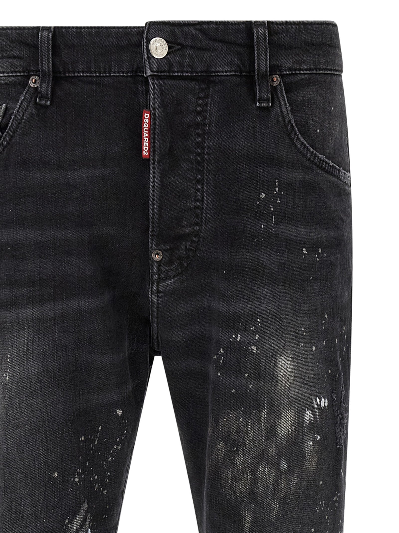 Jeans by Dsquared² for men in stretch denim cotton black & red features a polished silhouette with a polished slim, reaching a polished long and finished with a polished .