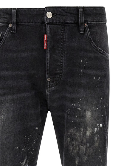 Jeans by Dsquared² for men in stretch denim cotton black & red features a polished silhouette with a polished slim, reaching a polished long and finished with a polished .