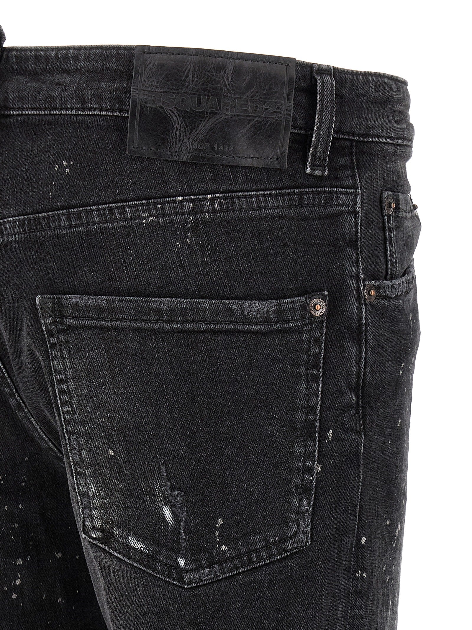 Jeans by Dsquared² for men in stretch denim cotton black & red features an refined tailoring silhouette, showcasing a premium slim with a and long cut for a refined tailoring look.