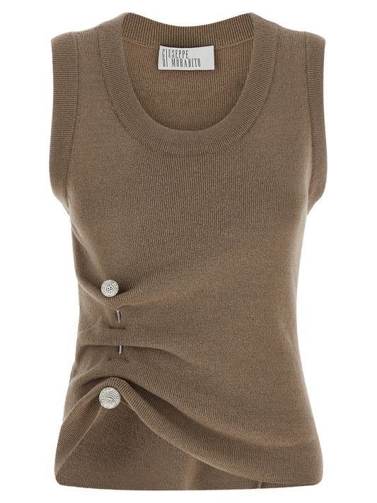 T-Shirt by Giuseppe Di Morabito for women in virgin wool & crystal beige showcases a fashionable silhouette, elegantly detailed with a fashionable sleeveless and for a sophisticated, high-fashion look.