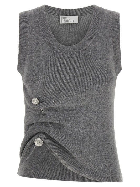 Sweater by Giuseppe Di Morabito for women in virgin wool & crystal gray showcases a downtown chic silhouette, artfully finished with a downtown chic round neckline and sleeveless for a sophisticated, high-end look.