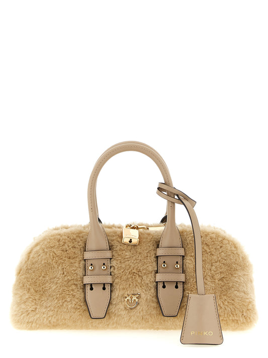 Handbag by PINKO for women in polyester gray & gold features a contemporary silhouette, showcasing a secure zipper & buckle, ample , and contemporary handle for a sophisticated look.