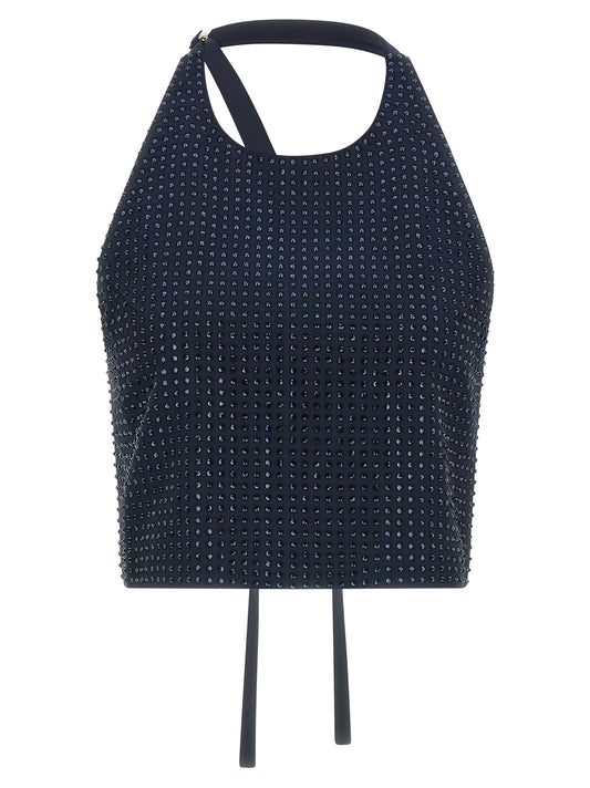Tank Top by PINKO for women in polyester viscose & rhinestone dark-blue features an bespeak silhouette, showcasing an bespeak sleeveless and bespeak for a truly sophisticated look.