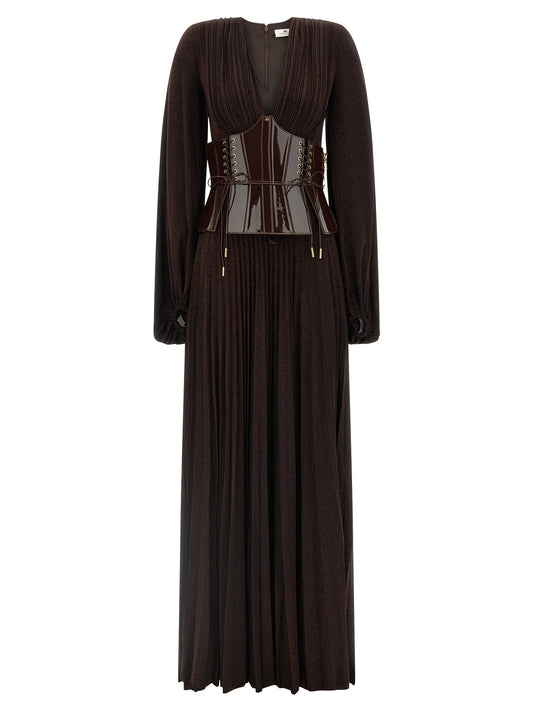 Dress by Elisabetta Franchi for women in viscose polyester & polyamide brown & red showcases a striking silhouette, elegantly detailed with a , refined v-neck plunging neckline, and a striking long for a striking finish.