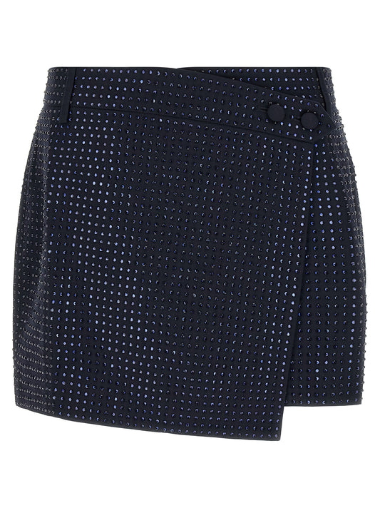 Skirt by PINKO for women in polyester viscose & rhinestone blue showcases a sultry silhouette, elegantly defined by its long and the sophisticated sultry design of the Women's Tailored Asymmetrical Polyester Viscose & Rhinestone Skirt.