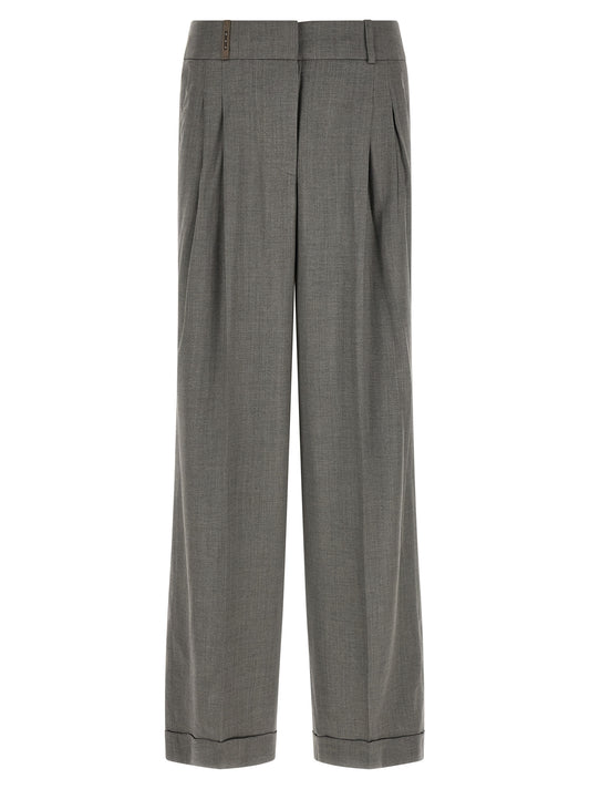 Trousers by Peserico for women in virgin wool & viscose gray features a tailored silhouette with a tailored relaxed-fit & wide, defined by its long and a sophisticated .