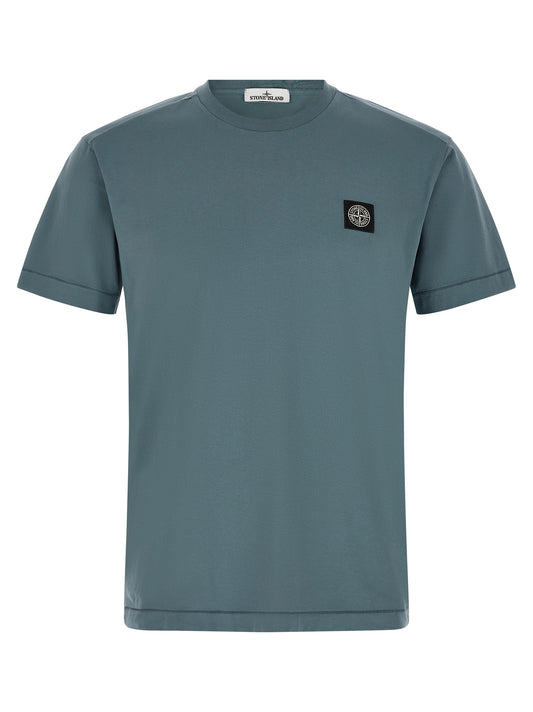 T-Shirt by Stone Island for men in cotton blue features an edgy silhouette, meticulously detailed with a sophisticated and square neckline for a truly edgy finish.