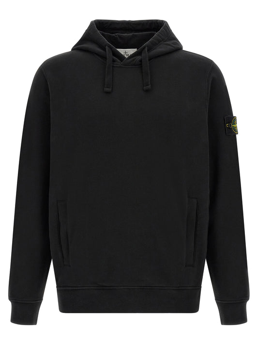 Sweatshirt Hoodie by Stone Island for men in stretch cotton black features an avant-garde silhouette, showcasing a sophisticated hooded neckline and detail for a truly avant-garde finish.