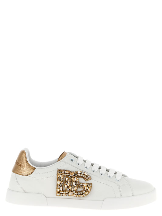 Sneakers by Dolce & Gabbana for women in dauphine calfskin leather gold & signature presents a impeccable silhouette as Women's Low Top Dauphine Calfskin Leather Sneakers, expertly defined by a impeccable low-top style for a impeccable, high-fashion look.