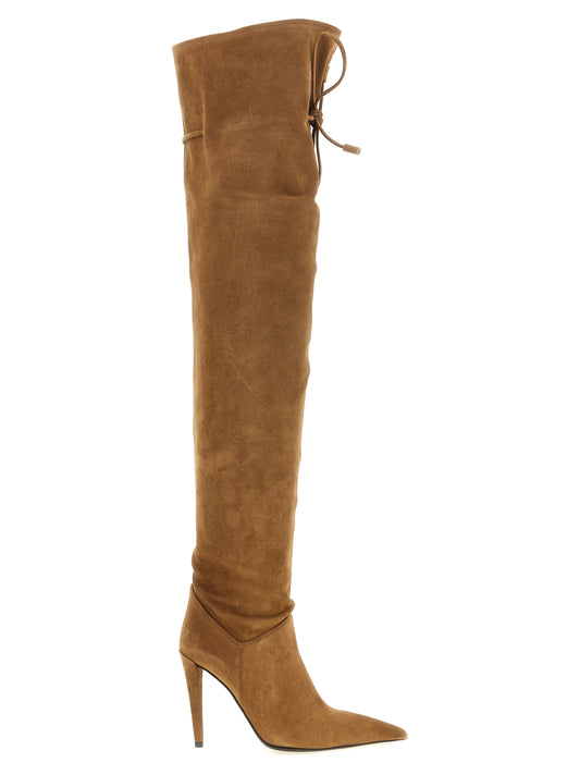 Stiletto Over-The-Knee Boots by Giuseppe Zanotti for women in suede calfskin leather brown, gold & signature features an effortless chic silhouette from the Women's Suede Calfskin Leather Stiletto Over-The-Knee Boots collection, showcasing a effortless chic stiletto and refined for an effortless chic look.