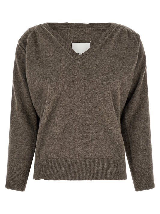 Cardigan by Maison Margiela for women in virgin wool brown features a dramatic silhouette, showcasing a sophisticated and dramatic detail for a timeless, premium look.
