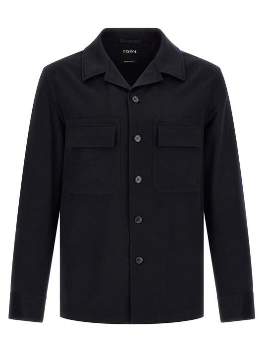 Overshirt by ZEGNA for men in cashmere dark-blue showcases a sharp silhouette, elegantly detailed with a sharp and sharp .