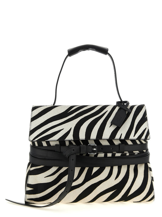 Handbag by Moschino for women in calf hair & calfskin leather bicolour, black, silver, white & zebra features an refined silhouette, showcasing a secure zipper & buckle, ample , and versatile adjustable-strap, belt-strap & handle for a sophisticated refined aesthetic.