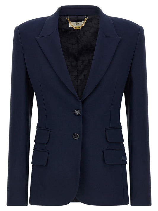Blazer by Elisabetta Franchi for women in polyester satin crepe blue, gold & monogram features an sartorial silhouette, showcasing a sophisticated and sartorial for a truly sartorial finish.