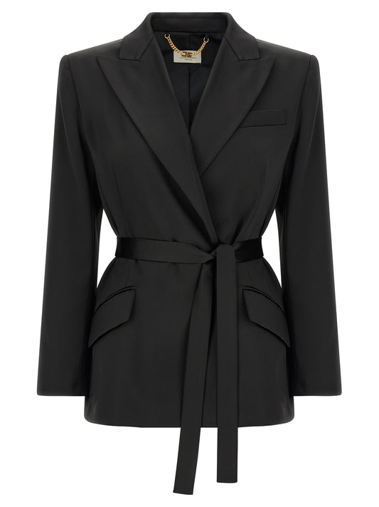 This Blazer by Elisabetta Franchi for women in polyester satin black, gold & signature presents a tailored silhouette, meticulously tailored with a tailored and distinctive for a tailored finish.