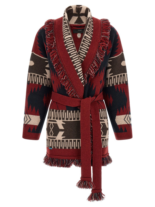 Cardigan by Alanui for women in cashmere charcoal, multicolor, red, patterned & jacquard showcases a luxurious silhouette, meticulously detailed with a sophisticated shawl-collar neckline and for a refined finish.