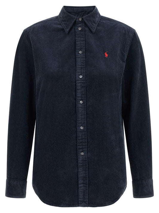 Blouse by Polo Ralph Lauren for women in cotton corduroy navy, red & signature features an polished silhouette, showcasing a sophisticated and detail for a truly polished finish.