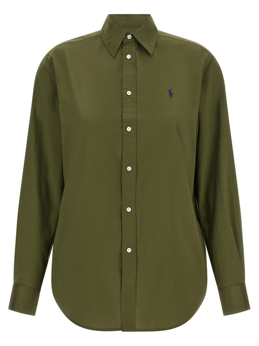 Blouse by Polo Ralph Lauren for women in horse leather & cotton bicolour, green & olive features an architectural silhouette with a refined and elegant for a architectural look.