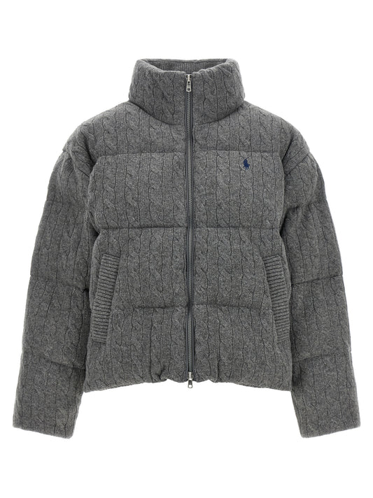 Puffer Jacket by Polo Ralph Lauren for women in cashmere wool gray showcases a bohemian silhouette, artfully detailed with a bohemian wrap high-neck neckline and signature pockets & insulated for a truly bohemian finish.