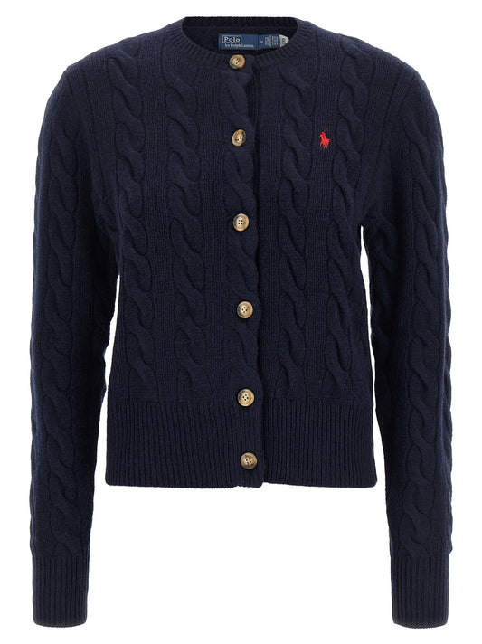 Cardigan by Polo Ralph Lauren for women in cashmere wool horn, navy & red features an impeccable silhouette, showcasing a sophisticated round neckline and detail for a truly impeccable finish.