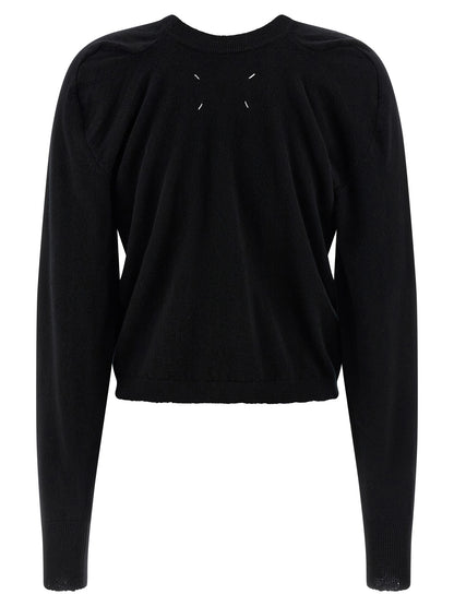 Cardigan by Maison Margiela for women in virgin wool black & signature showcases a captivating silhouette, artfully detailed with a captivating and crew neckline for a truly sophisticated captivating look.