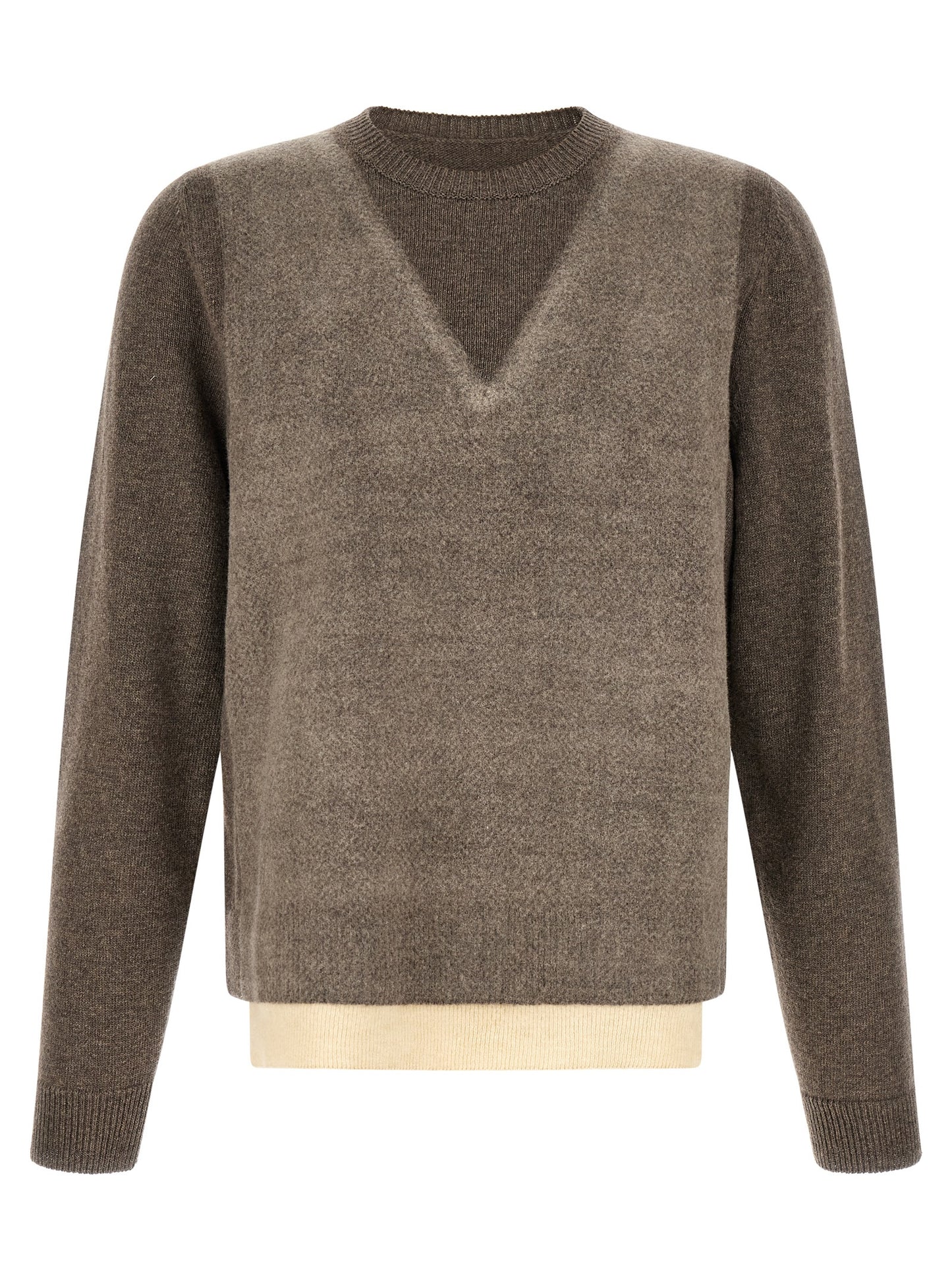 Maison Margiela Four Stitches Play Men's V Neck Virgin Wool Cardigan - Brown White