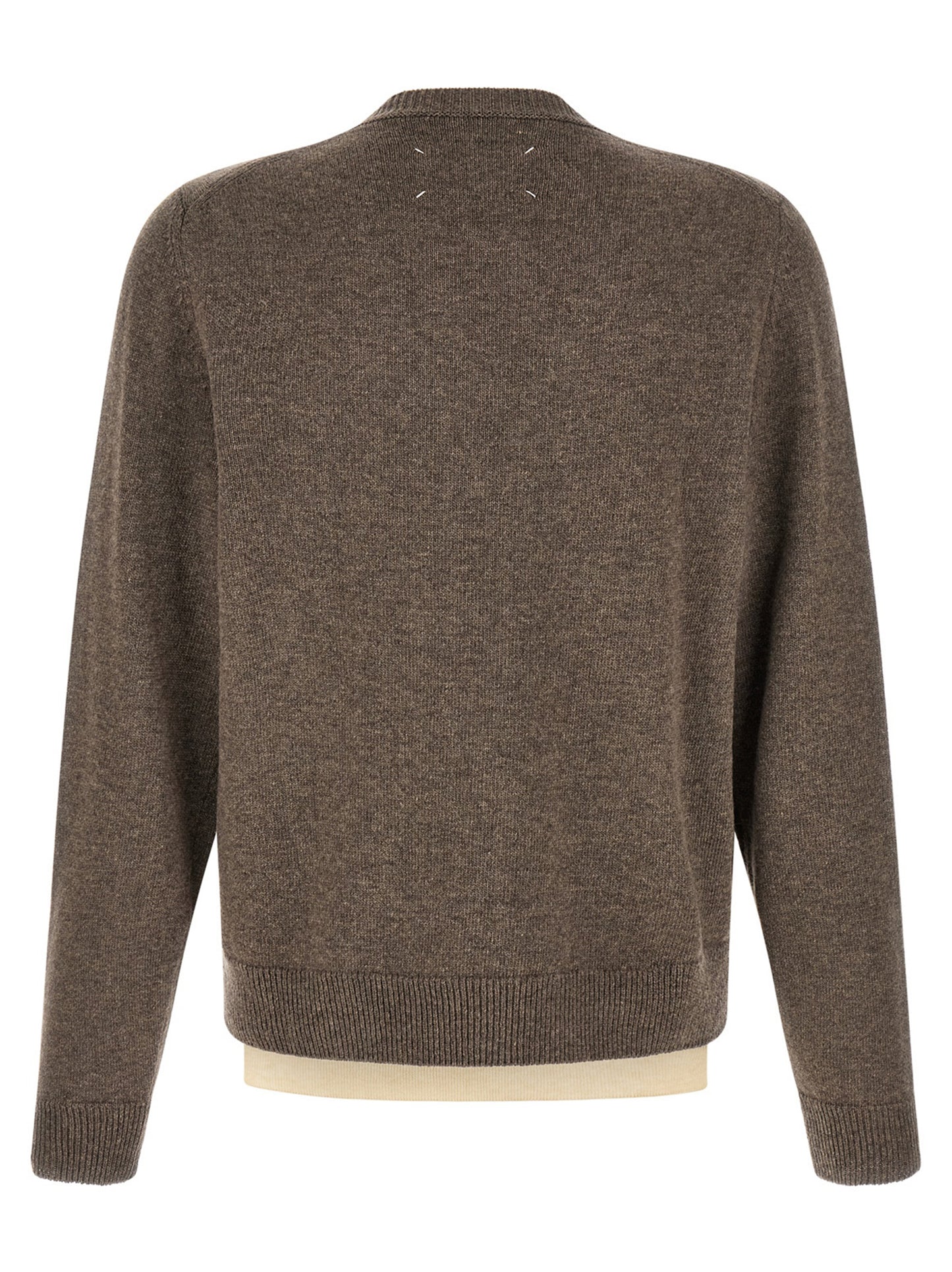 Maison Margiela Four Stitches Play Men's V Neck Virgin Wool Cardigan - Brown White