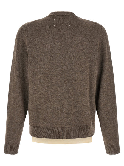 Maison Margiela Four Stitches Play Men's V Neck Virgin Wool Cardigan - Brown White
