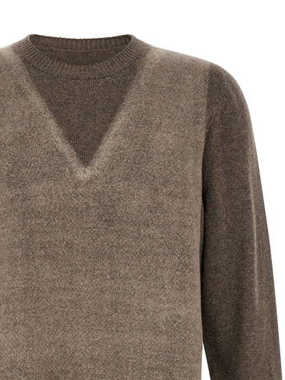 Maison Margiela Four Stitches Play Men's V Neck Virgin Wool Cardigan - Brown White