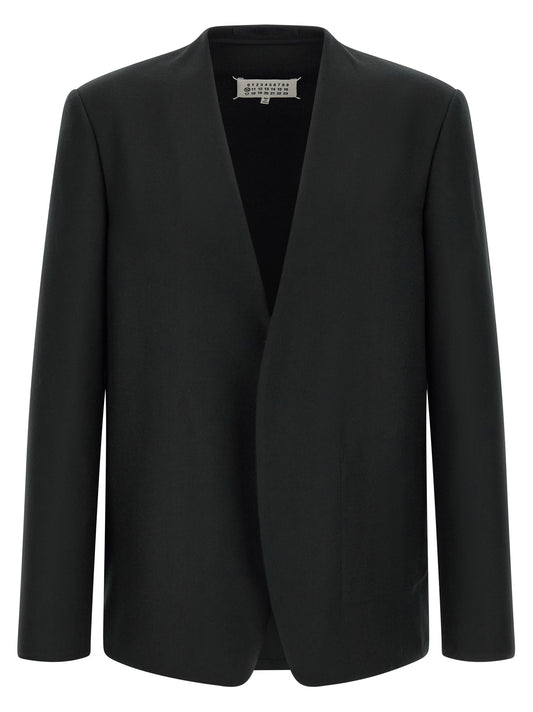 Maison Margiela Essence Four Stitches Grace Men's V Neck Flannel & Virgin Wool Blazer - Black
