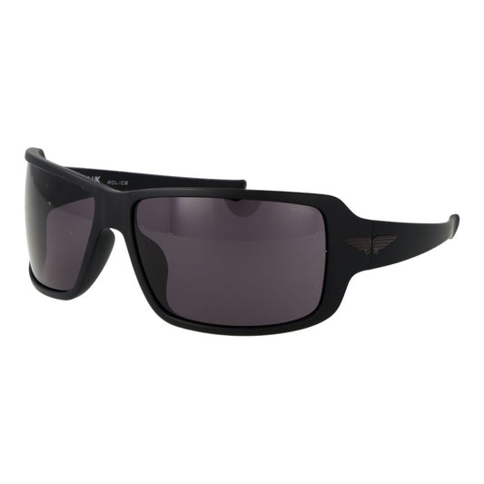 Sunglasses by Police for men in plastic black showcases a ethereal silhouette, featuring black coloured frame rectangle full-rim frame design with non-polarized category-3-dark-tint lens for a ethereal finish.