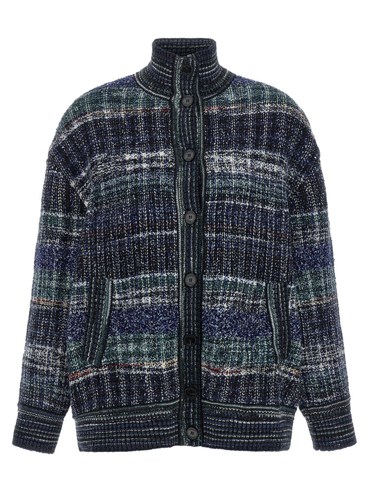 Cardigan by Missoni for women in polyamide viscose wool green, navy, white & patterned features a nuanced silhouette with a refined high-neck neckline and nuanced detailing for a sophisticated look.