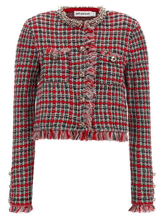 Overcoat by Self-Portrait for women in polyester cotton wool black, mint-green, multicolor, red & patterned features a contemporary silhouette showcasing a contemporary and refined pockets for a sophisticated finish.
