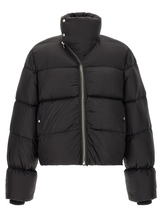 Puffer Jacket by Rick Owens for men in nylon black & silver showcases a bohemian silhouette, artfully detailed with a bohemian turtle tube neckline and signature insulated for a truly bohemian finish.