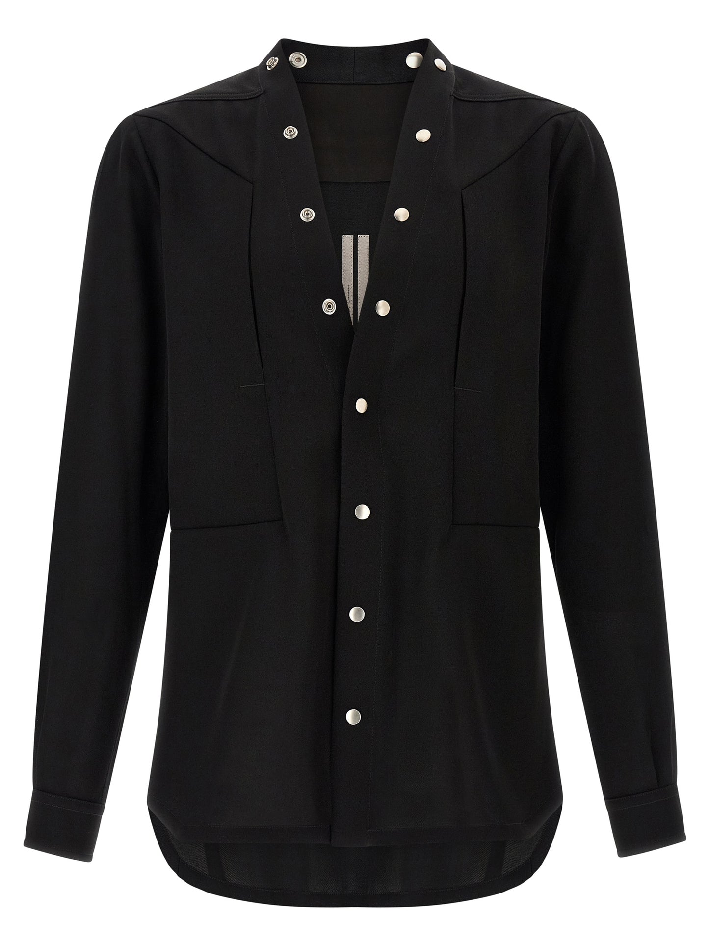 Shirt by Rick Owens for men in cotton black & silver features an architectural silhouette with a refined and elegant v-neck neckline for a architectural look.