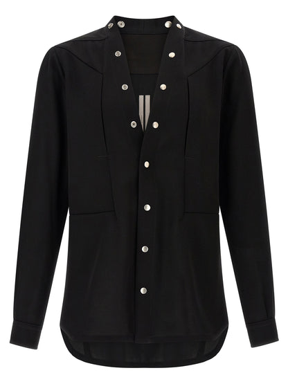 Shirt by Rick Owens for men in cotton black & silver features an architectural silhouette with a refined and elegant v-neck neckline for a architectural look.